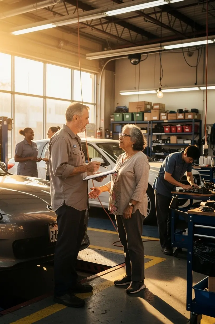 Insurance claim specialist coordinating with client at collision repair shop